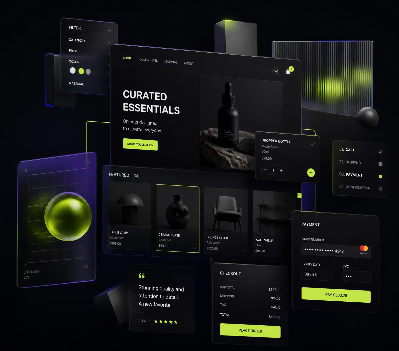 Layered abstract composition of Shopify storefront modules, product cards, and a checkout flow